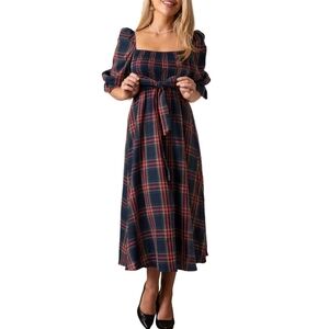 Belted Plaid Midi Dress XS navy